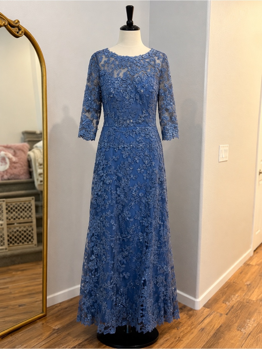 Tadashi Shoji Blue Lace Evening Dress with Illusion Neckline
